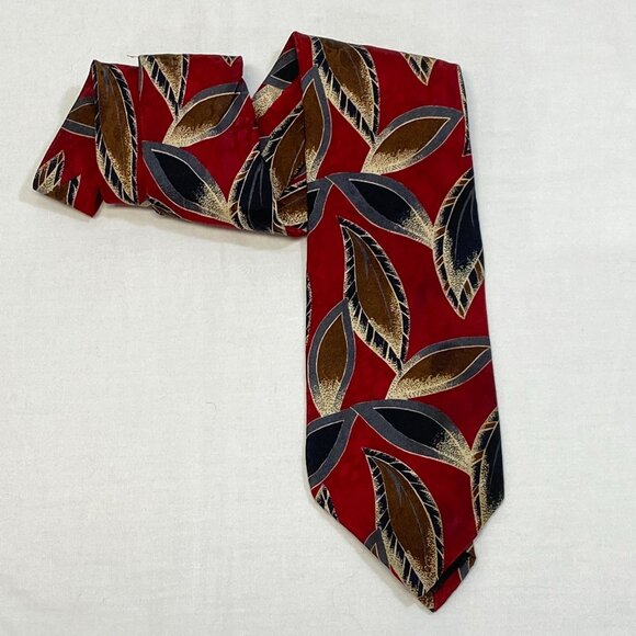 Ferrell Reed for Nordstrom Hand Sewn USA Wide Silk Neck Tie Red Grey Leaves - Picture 3 of 5